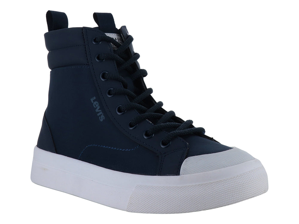 Tenis tipo bota de color azul marino con suela blanca y agujetas del mismo color.