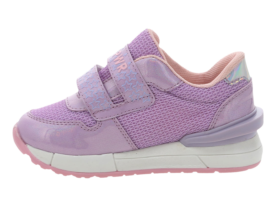 Tenis deportivos infantiles color lila con detalles de estrellas y cierre de velcro.