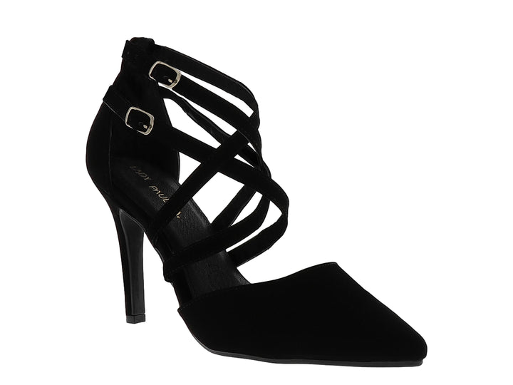 Zapato de tacón alto color negro con punta puntiaguda y tiras cruzadas con hebillas doradas.