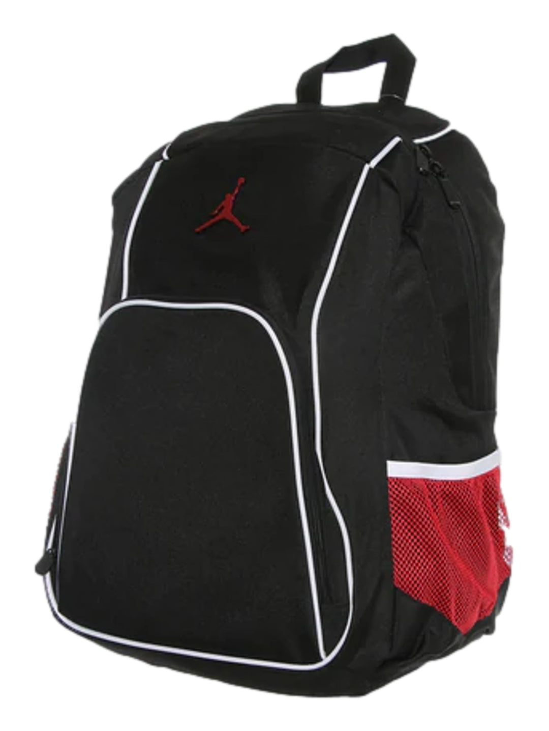 Mochila Nike Jordan Jab Legacy negra con ribetes blancos y bolsillo lateral de malla roja.