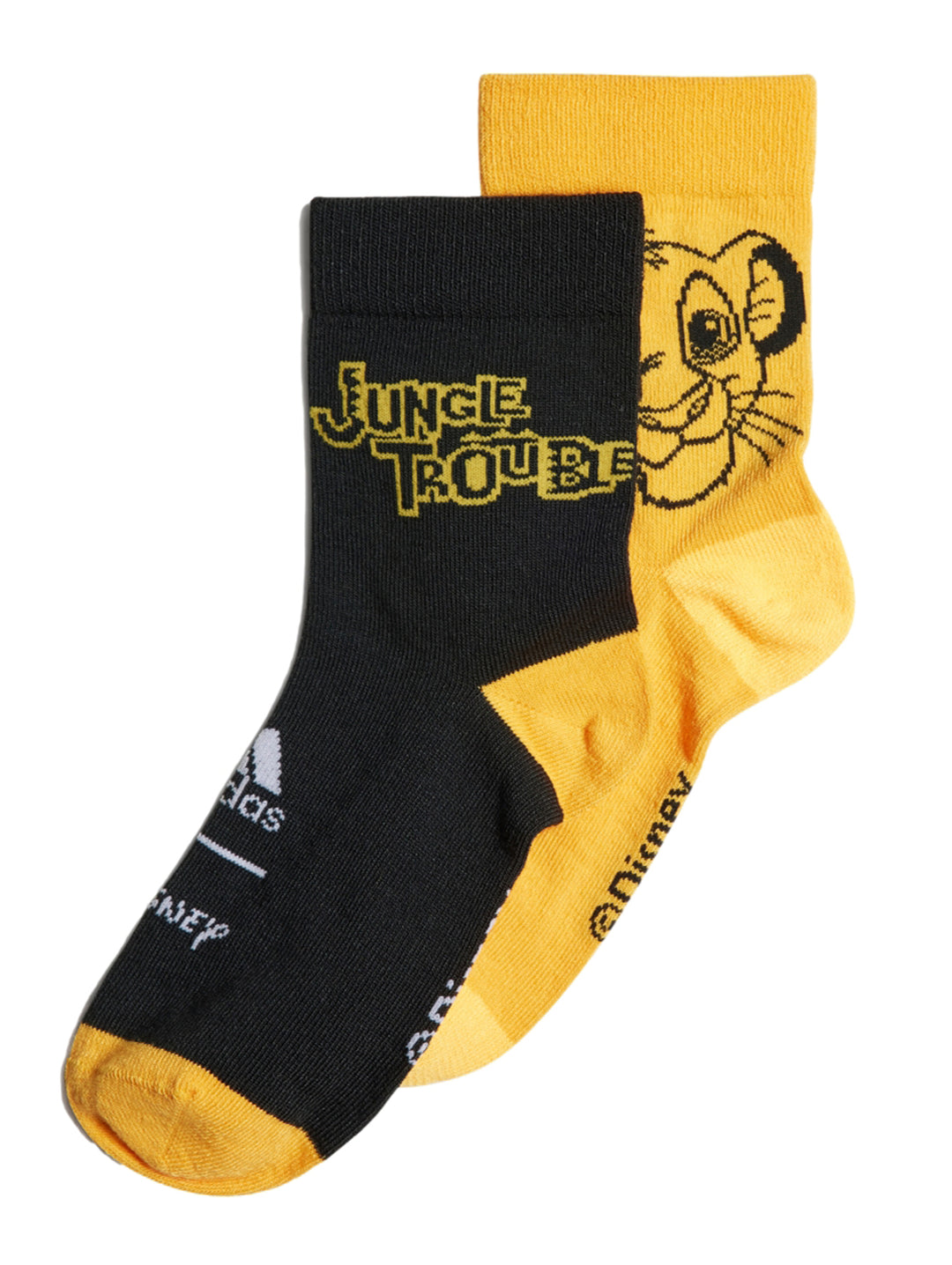 Par de calcetines Adidas con diseño de El Rey León en colores negro y amarillo dorado.