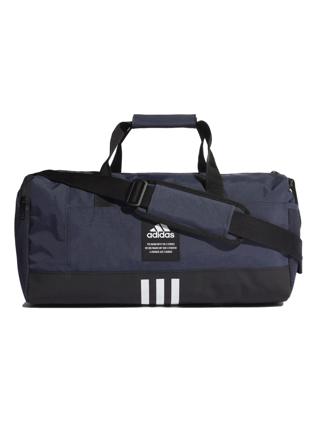 Bolsa de deporte Adidas en color azul marino y negro con asas y correa ajustable.