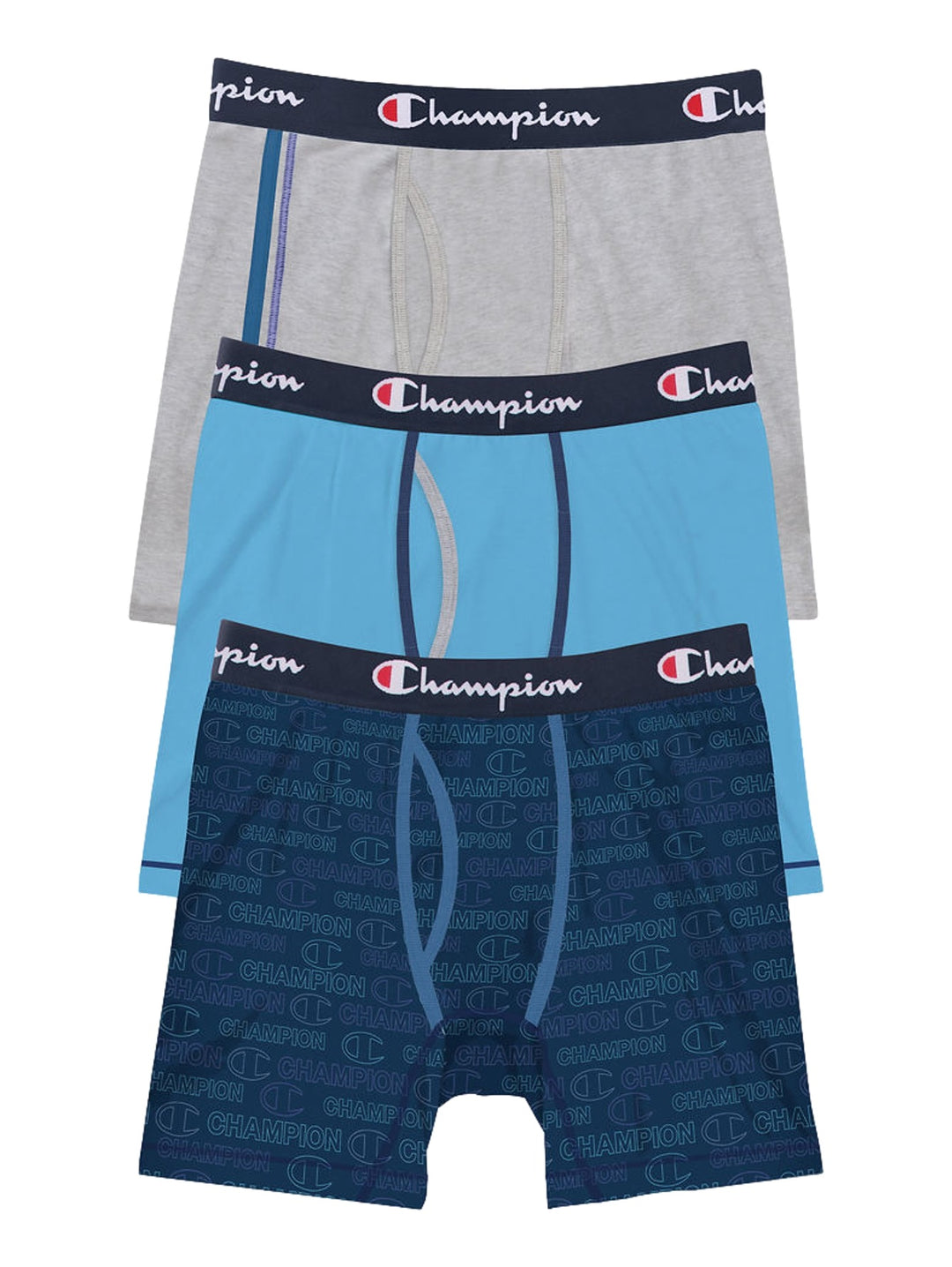 Paquete de tres calzoncillos bóxer Champion en colores gris, azul claro y azul marino con estampado.