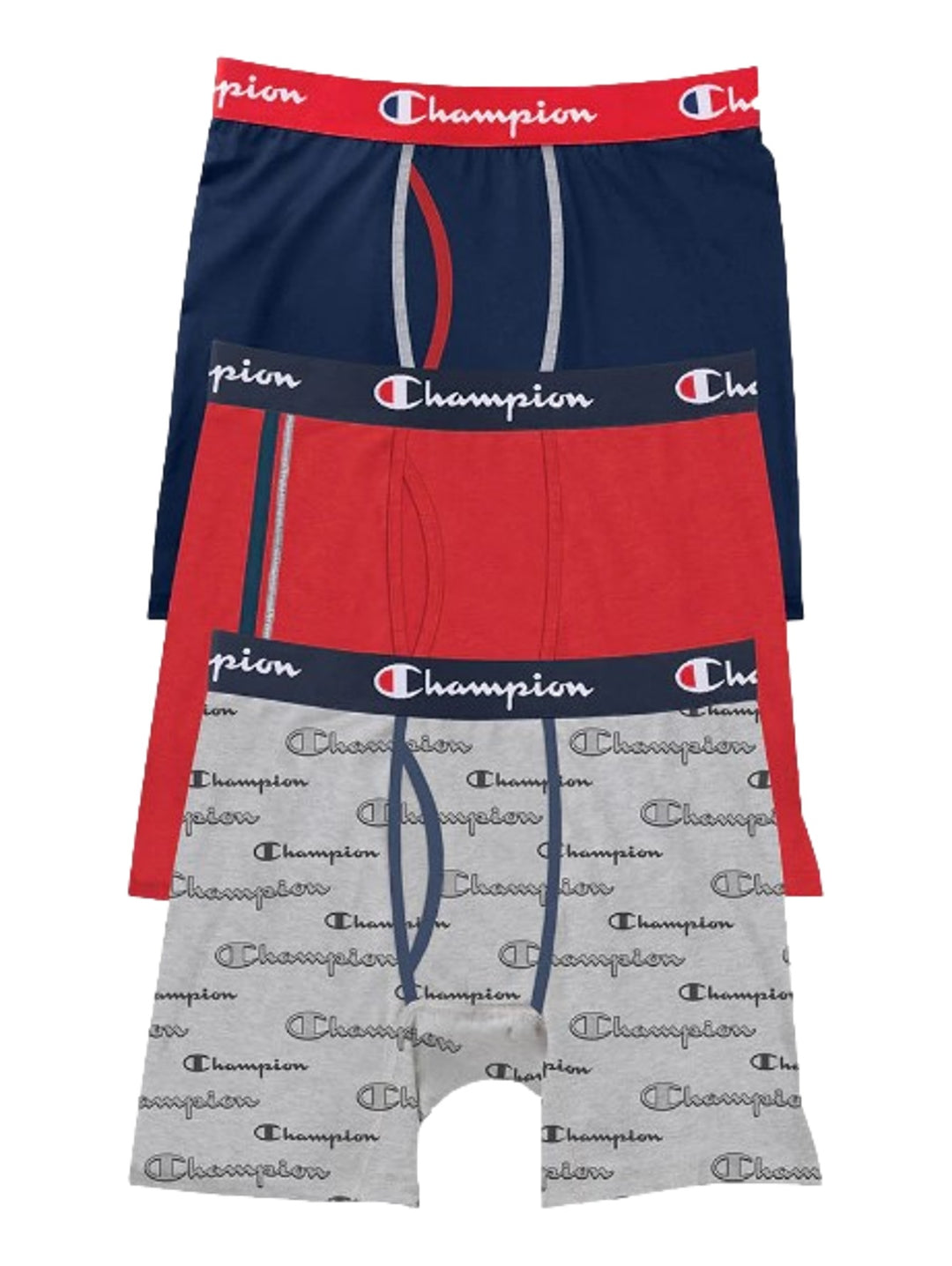 Paquete de tres calzoncillos bóxer Champion en colores azul marino, rojo y gris.