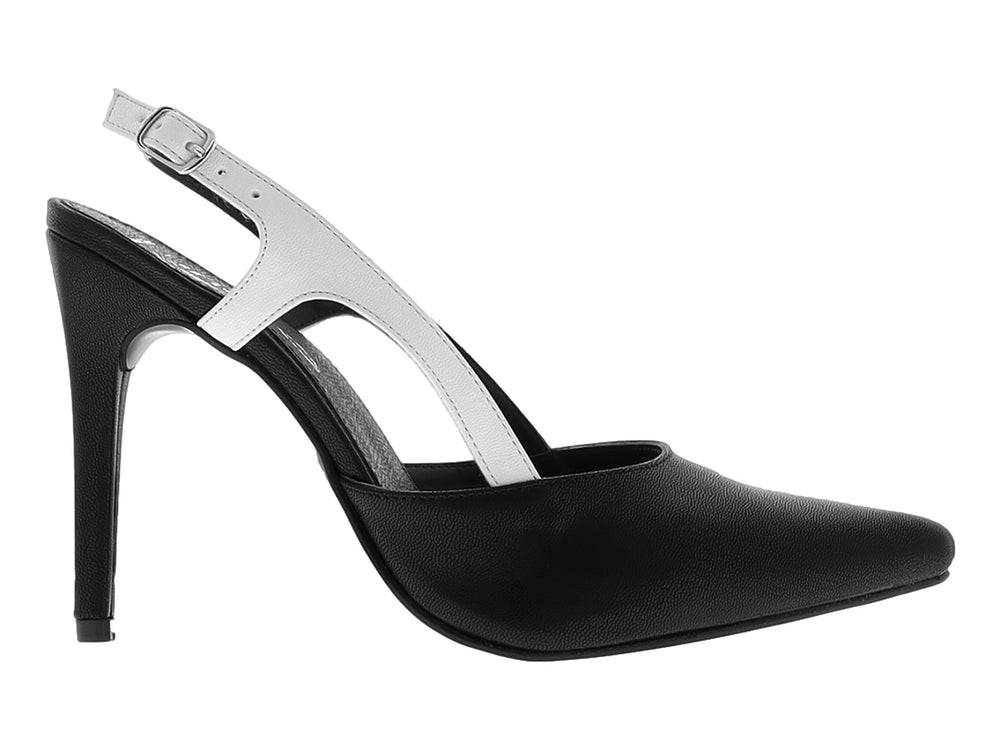 Zapato de tacón alto para mujer en color negro con detalle blanco en la correa trasera y punta cerrada.