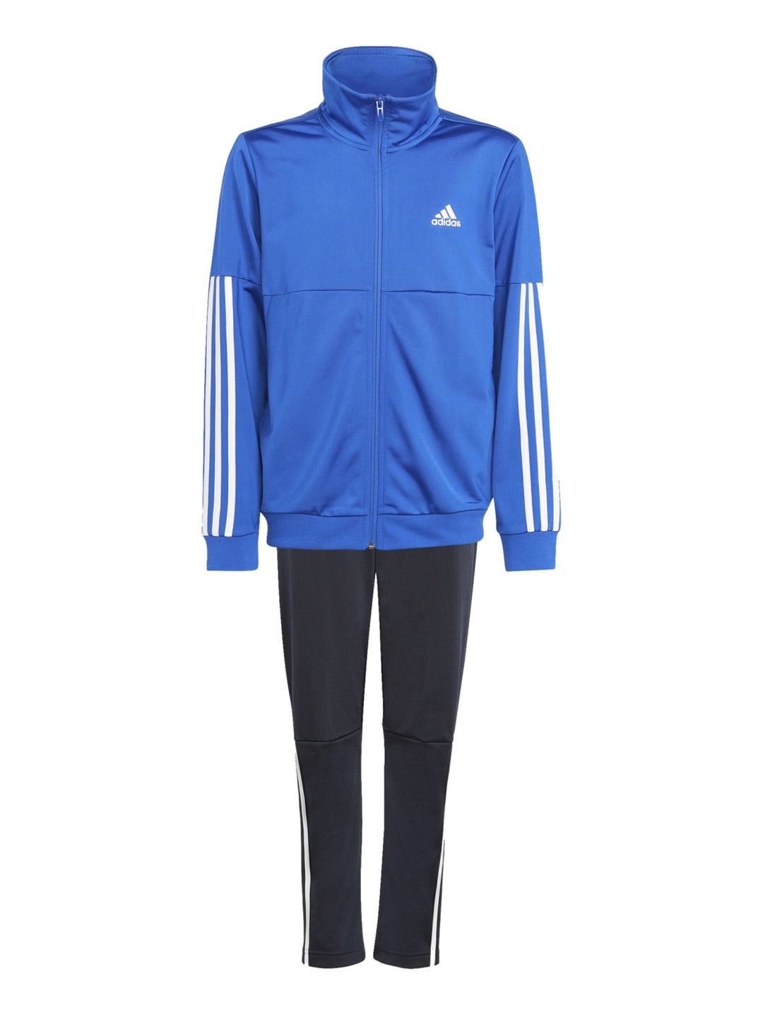 Conjunto deportivo Adidas compuesto por chaqueta azul con rayas blancas y pantalón negro con rayas laterales blancas.