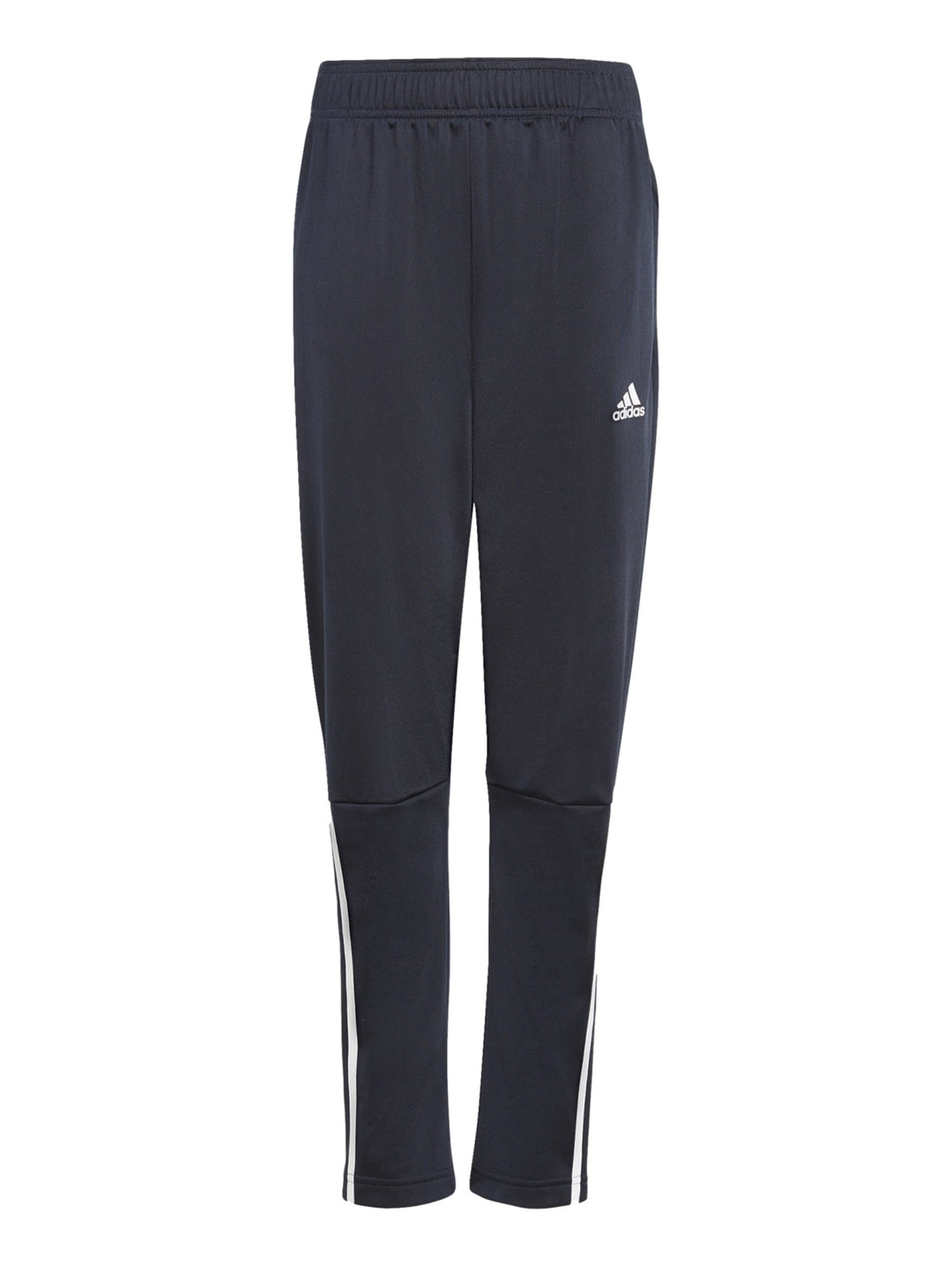 Conjunto deportivo Adidas compuesto por chaqueta azul con rayas blancas y pantalón negro con rayas laterales blancas.