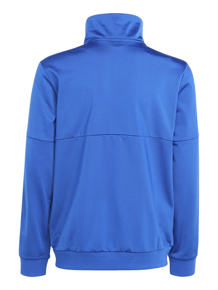 Conjunto deportivo Adidas compuesto por chaqueta azul con rayas blancas y pantalón negro con rayas laterales blancas.