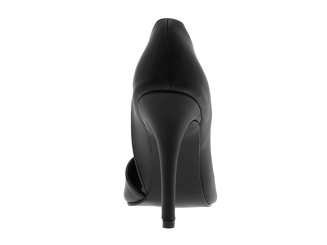 Zapato de tacón alto color negro para mujer con punta cerrada y acabado combinado en mate y charol brillante.