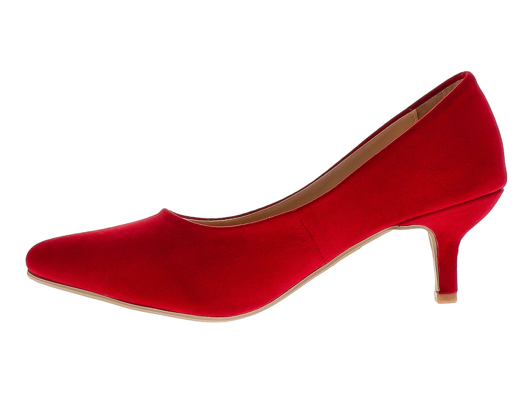 Zapato de tacón color rojo con acabado satinado y punta redonda para mujer.