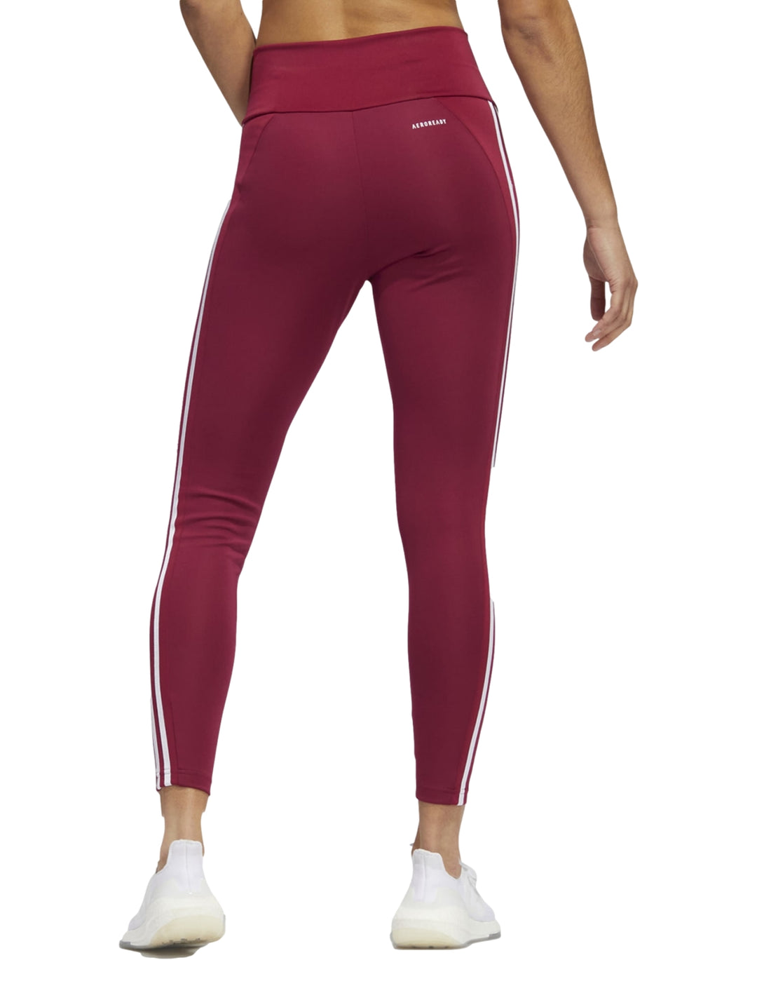 Leggings deportivos Adidas color burgundy con tres franjas blancas laterales y cintura alta para mujer.