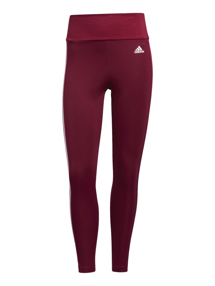 Leggings deportivos Adidas color burgundy con tres franjas blancas laterales y cintura alta para mujer.