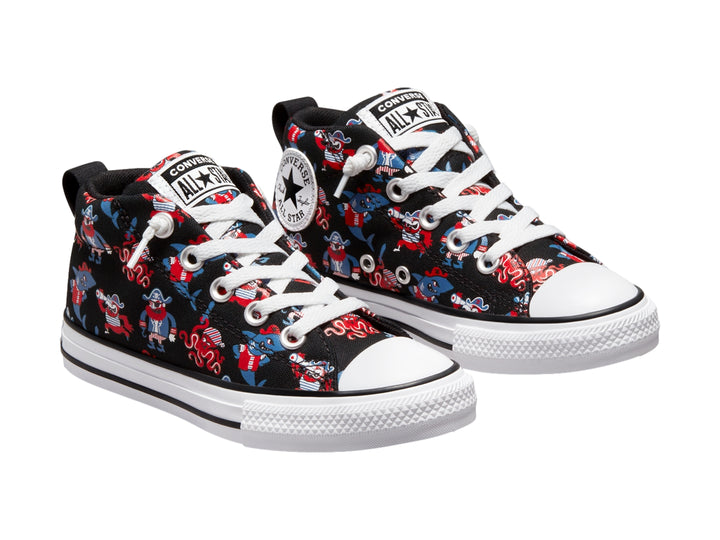 Tenis Converse Chuck Taylor All Star Mid para niño en color negro con estampado multicolor de personajes y suela blanca.