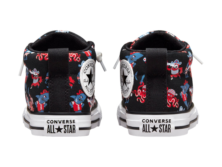 Tenis Converse Chuck Taylor All Star Mid para niño en color negro con estampado multicolor de personajes y suela blanca.