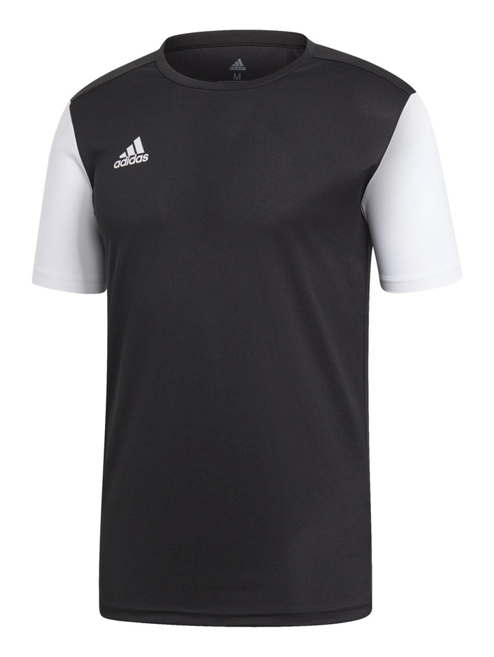 Playera deportiva Adidas color negro con mangas blancas y logotipo blanco en el pecho.