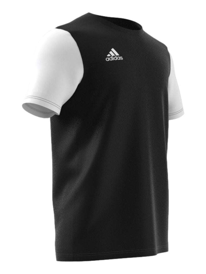 Playera deportiva Adidas color negro con mangas blancas y logotipo blanco en el pecho.