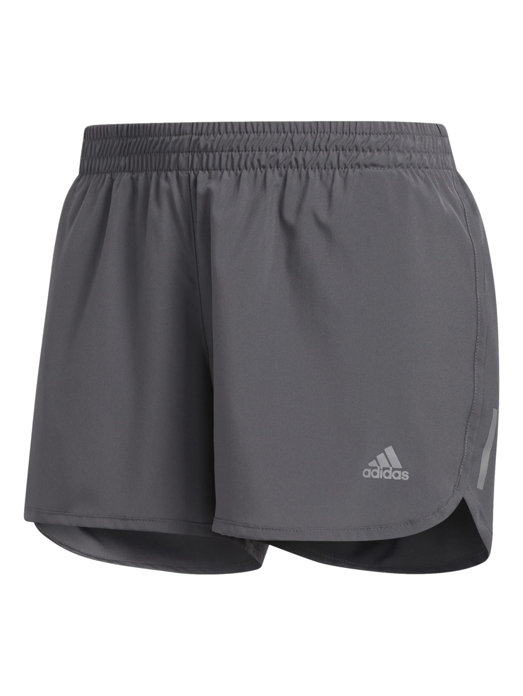 Pantalones cortos deportivos Adidas en color gris oscuro con logotipo blanco en la pierna izquierda.