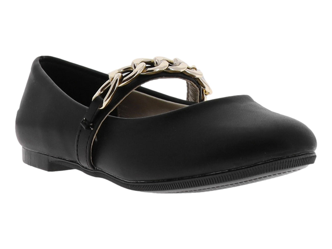 Zapato plano negro para niña con detalle de cadena dorada en la parte superior.