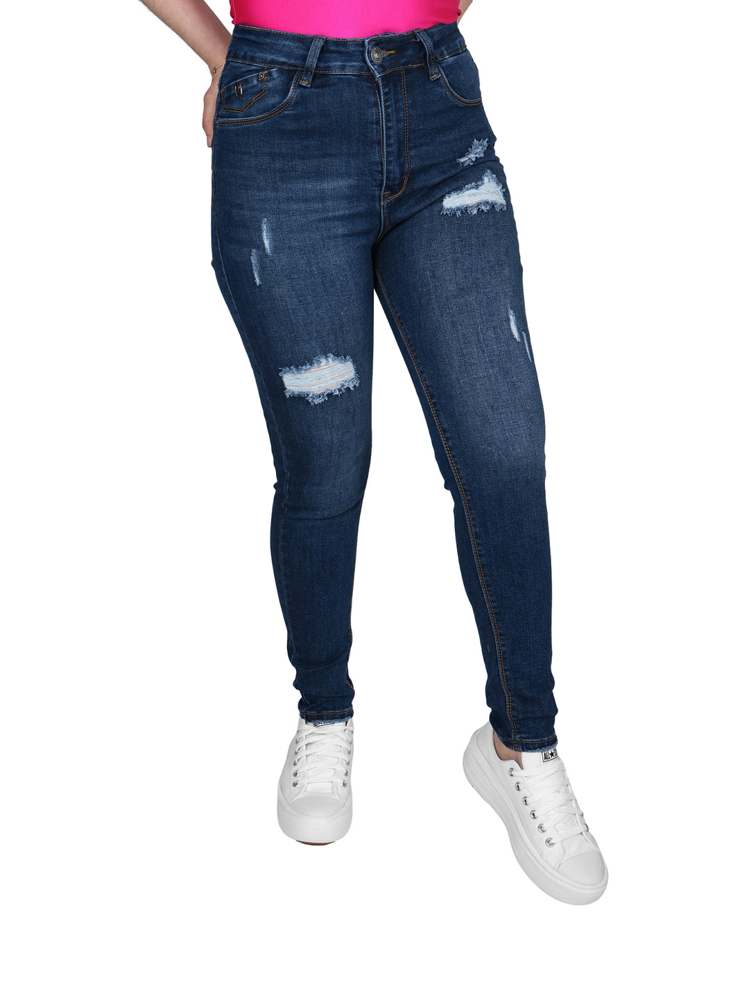 Pantalones jeans azul oscuro ajustados con detalles de destrucción en las rodillas y muslos para mujer.