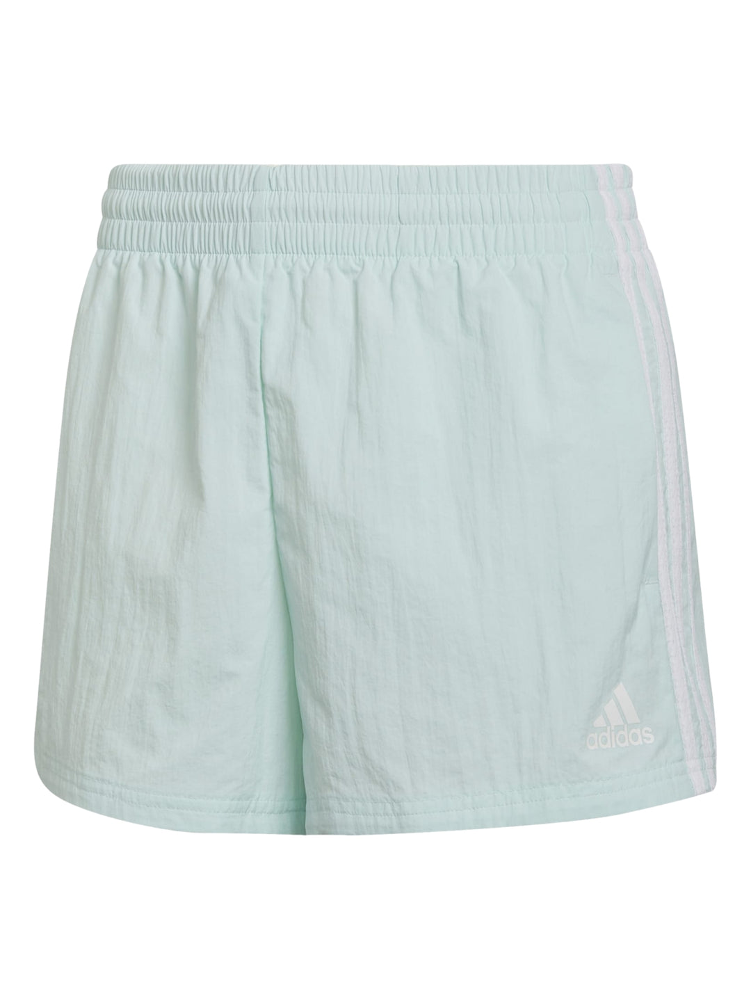 Shorts deportivos Adidas para mujer en color ice mint con franjas blancas laterales.