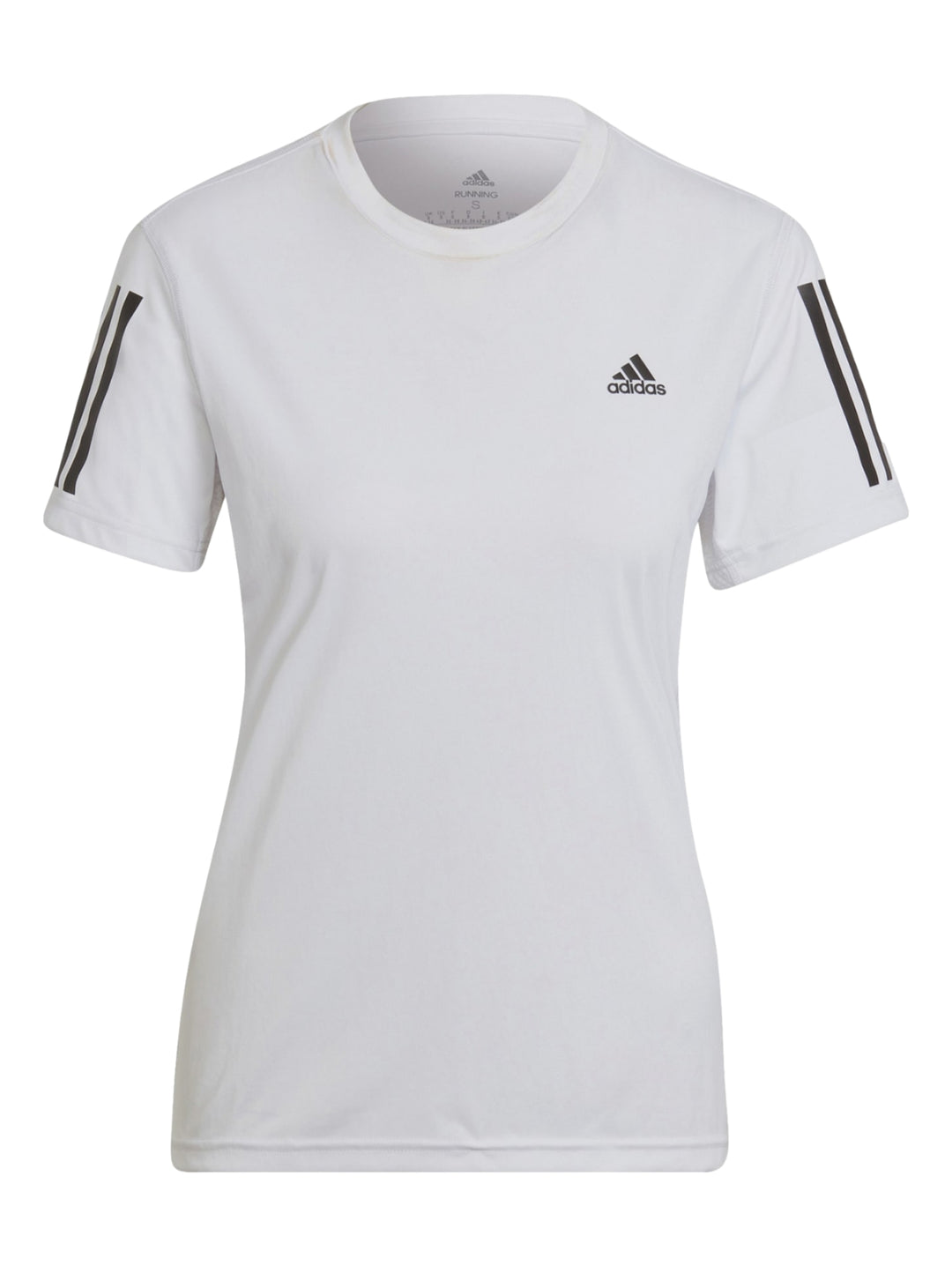 Mujer vistiendo playera deportiva Adidas blanca de manga corta con rayas negras en las mangas.