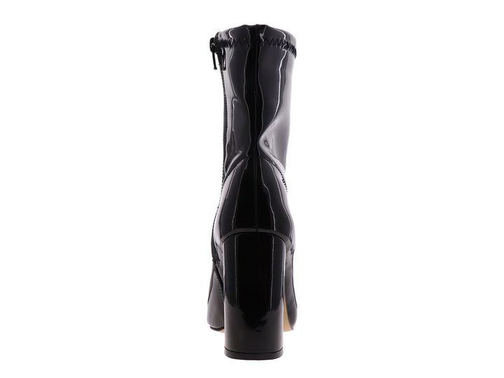 Botín negro de charol con tacón grueso y punta afilada para mujer.