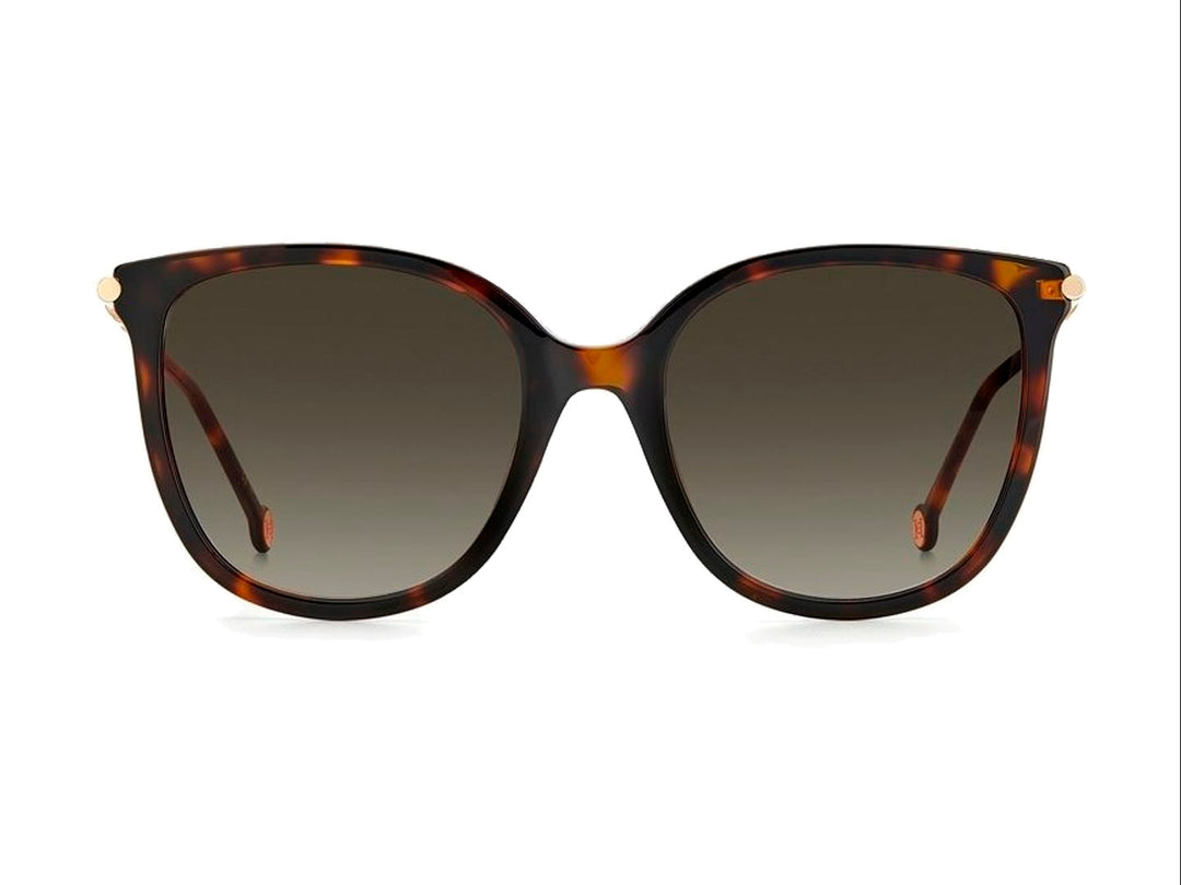 Lentes de sol Carolina Herrera para mujer en color marrón carey con detalles dorados y rojos en las varillas.