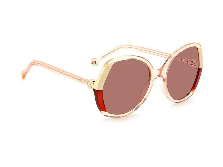 Lentes de sol Carolina Herrera para mujer en color beige con cristales marrón y detalles metálicos dorados.