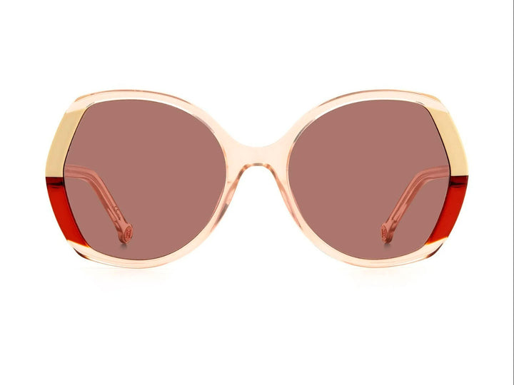 Lentes de sol Carolina Herrera para mujer en color beige con cristales marrón y detalles metálicos dorados.