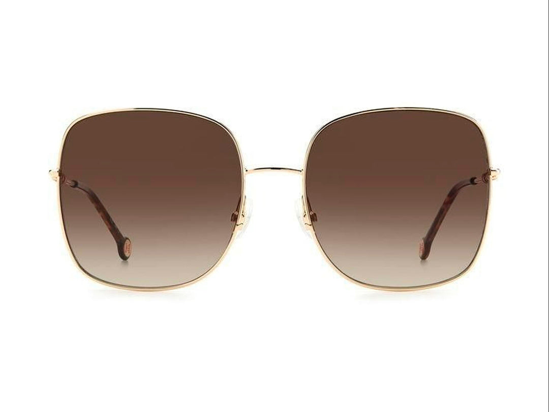 Lentes de sol Carolina Herrera con montura cuadrada dorada y cristales en tono marrón degradado.
