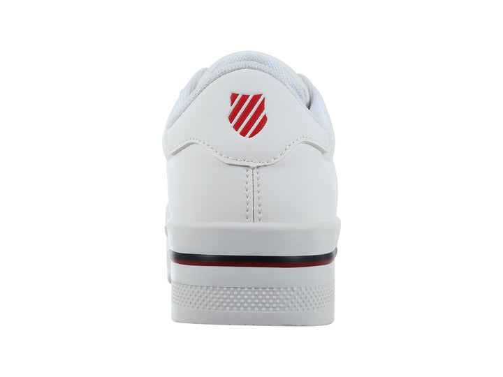 Tenis blancos K-SWISS ZULIK V con suela de plataforma gruesa y detalle en línea roja oscura.