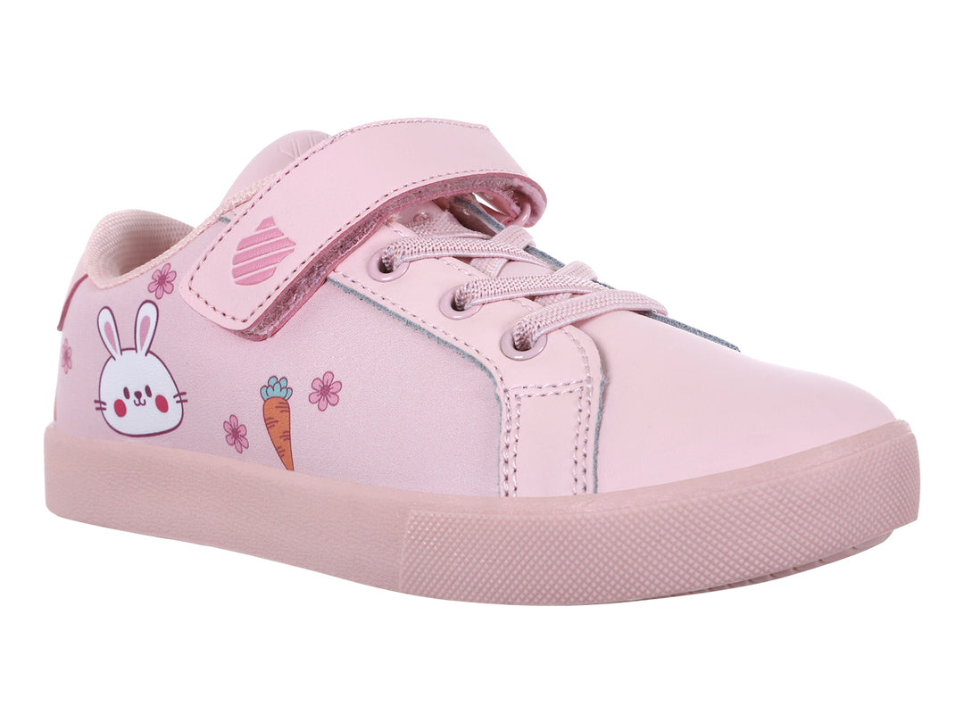 Tenis K-SWISS color rosa para niña con diseño de conejo y flores, cierre de agujetas y correa de velcro.