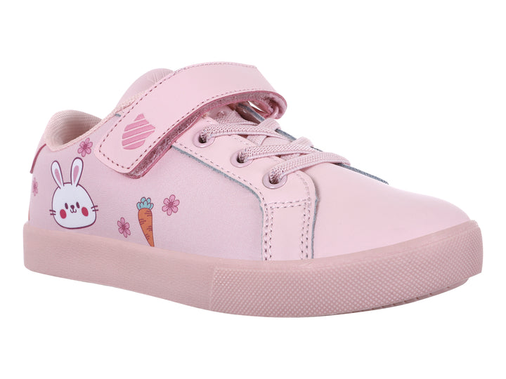 Tenis K-SWISS color rosa para niña con diseño de conejo y flores, cierre de agujetas y correa de velcro.
