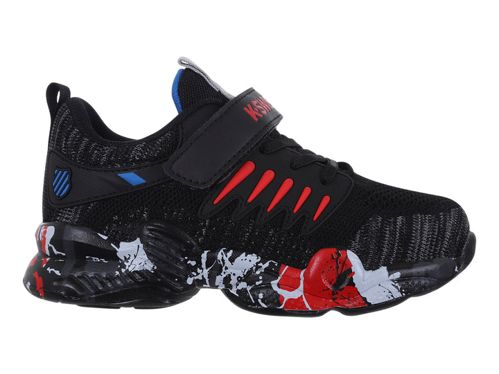 Tenis deportivos K-SWISS BLINK color negro con detalles rojos y blancos y correa ajustable.