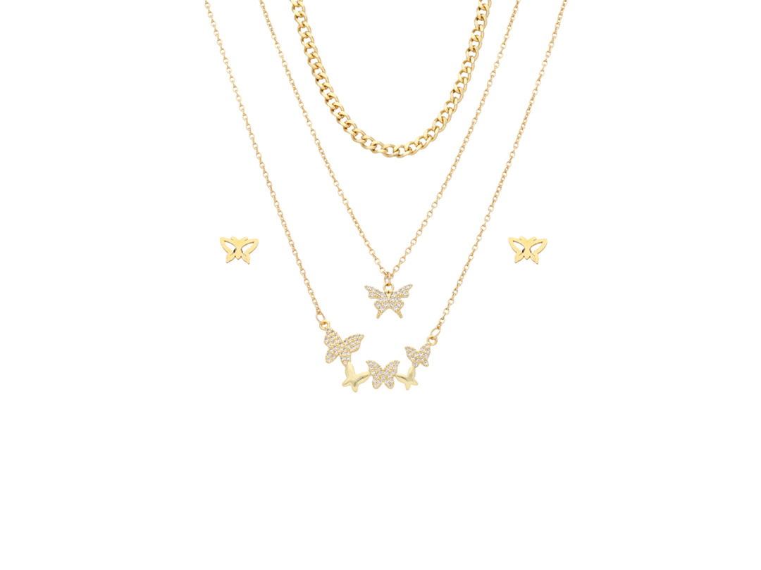 Set de collares en capas color oro con dijes de mariposas y aretes a juego.