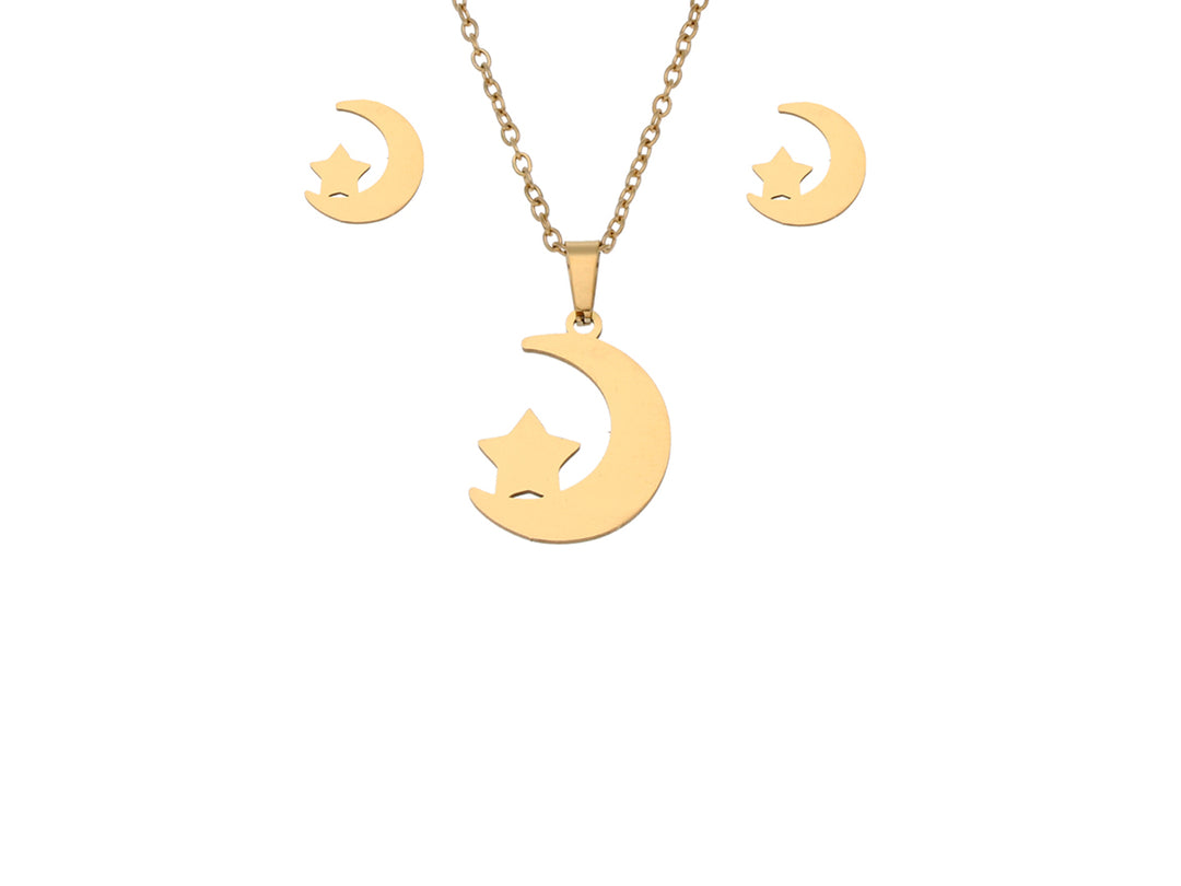 Set de joyería dorado compuesto por un collar y aretes con diseño de luna creciente y estrella.