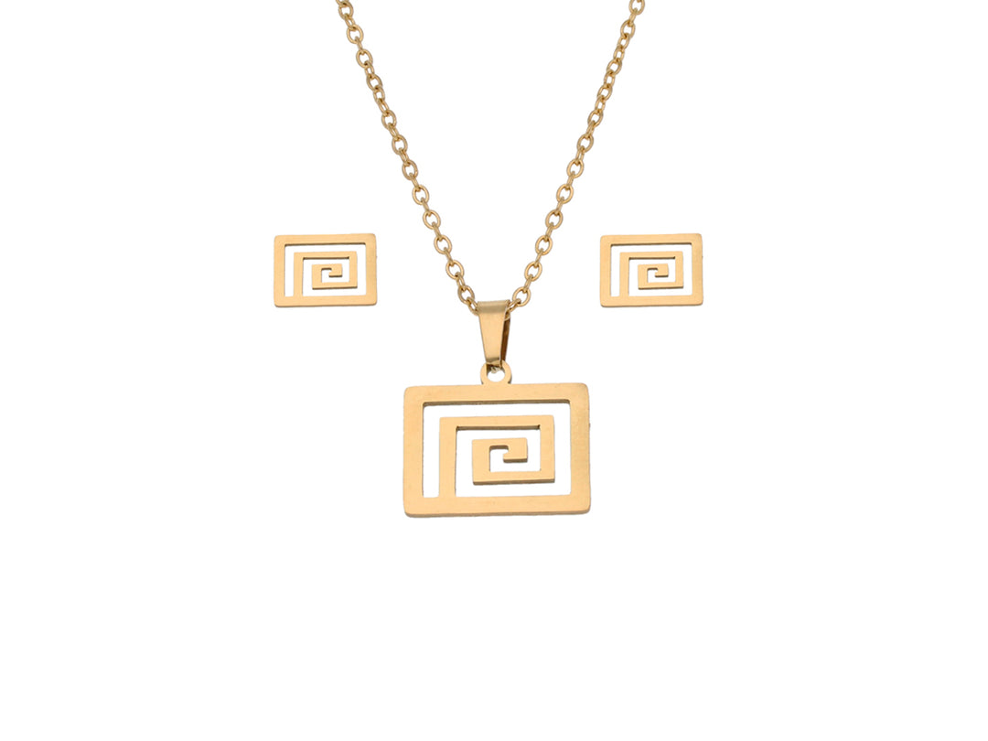 Set de joyería en color oro compuesto por un collar y aretes con dije rectangular de diseño geométrico en espiral.