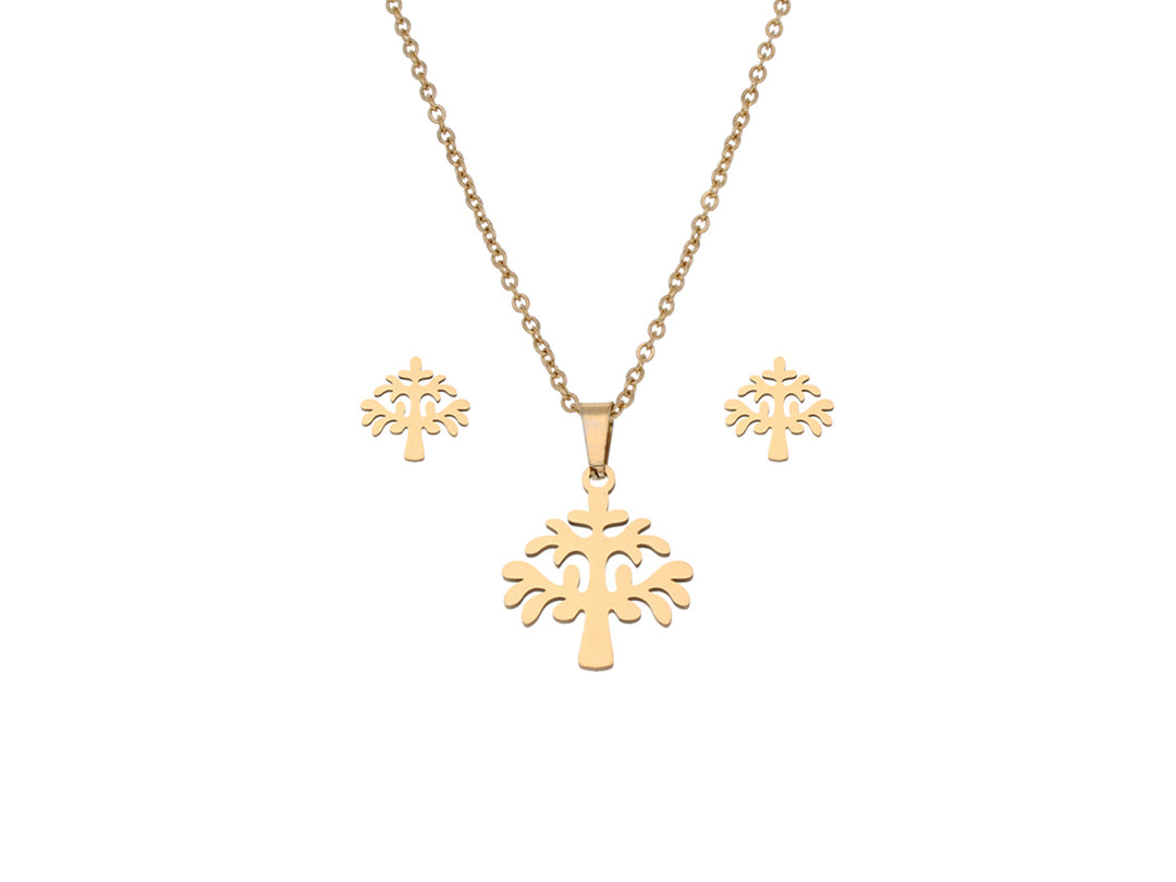 Set de joyería en color oro compuesto por un collar y aretes con diseño de árbol de la vida.