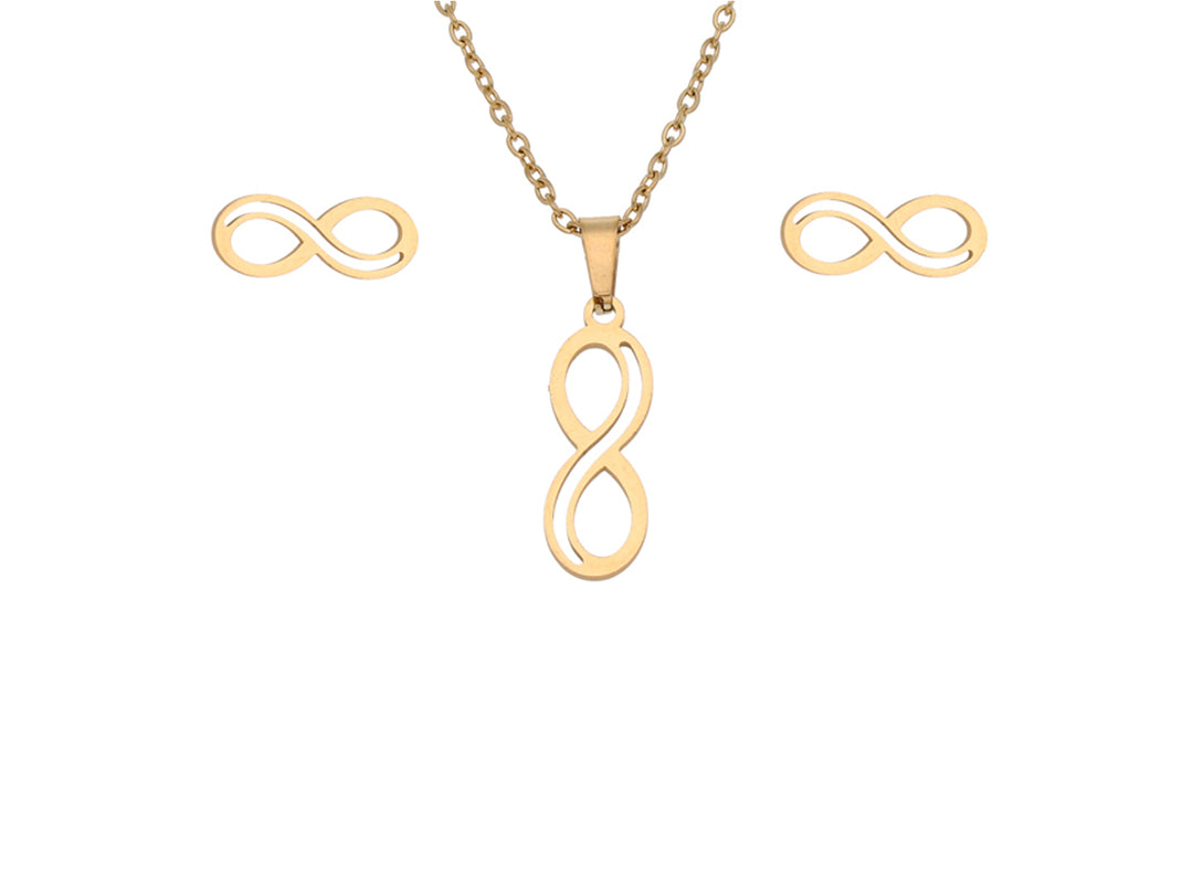 Set de joyería en color oro que incluye un collar y aretes con diseño de símbolo de infinito.