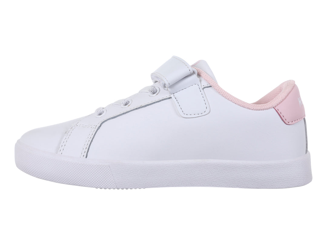 Tenis blancos K-SWISS para niña con detalles de conejo, zanahorias y flores en color rosa.