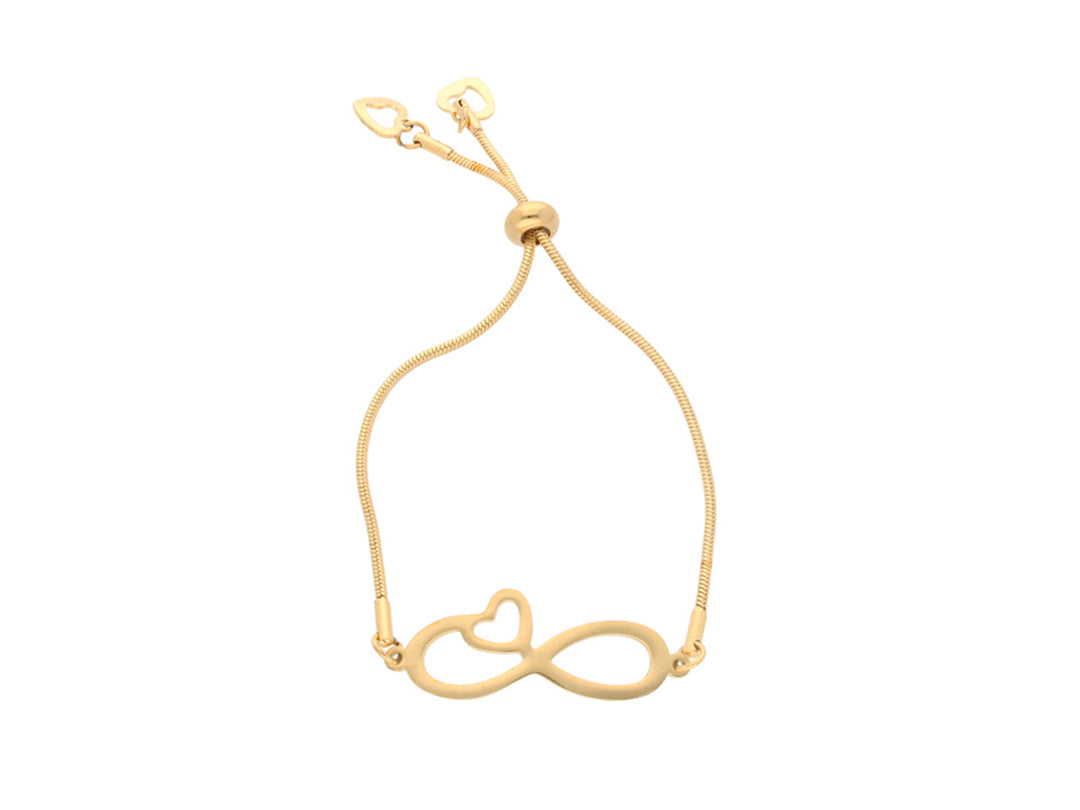 Pulsera de oro con dije central en forma de infinito y corazón, con cierre ajustable deslizante.