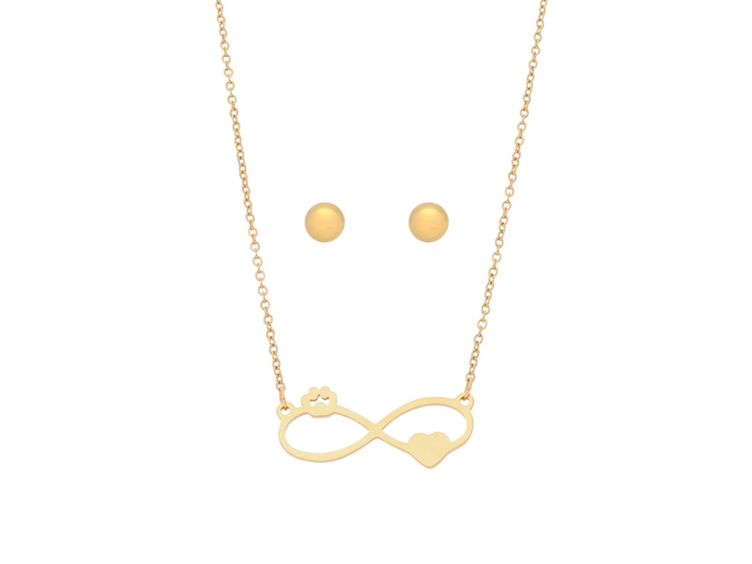 Conjunto de joyería color oro con collar de dije infinito y corazón, y aretes redondos.