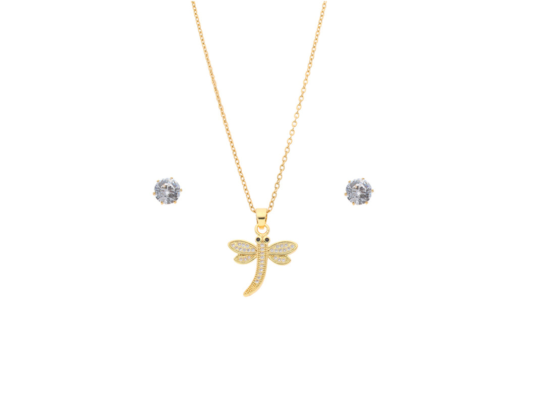Set de joyería en color oro compuesto por un collar con dije de libélula y aretes de circonia blanca.