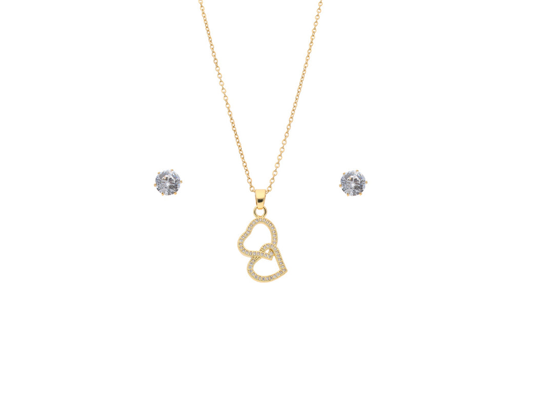 Set de joyería color oro con collar de dije en forma de corazón y aretes a juego.