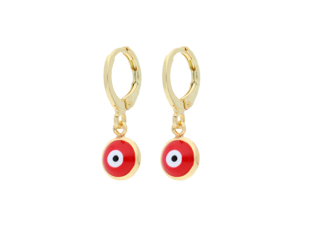 Par de aretes de oro con colgante circular rojo y blanco en forma de ojo turco.
