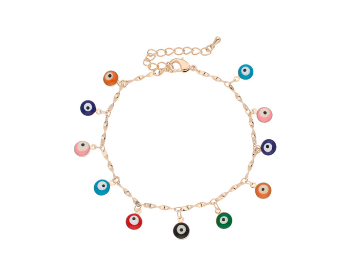 Pulsera de cadena dorada con dijes multicolores en forma de ojo turco.