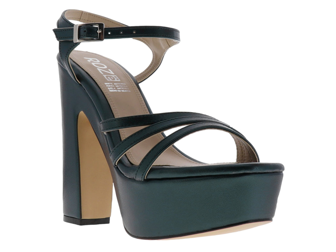 Sandalia de plataforma color verde oscuro con tacón grueso y correas cruzadas para mujer.