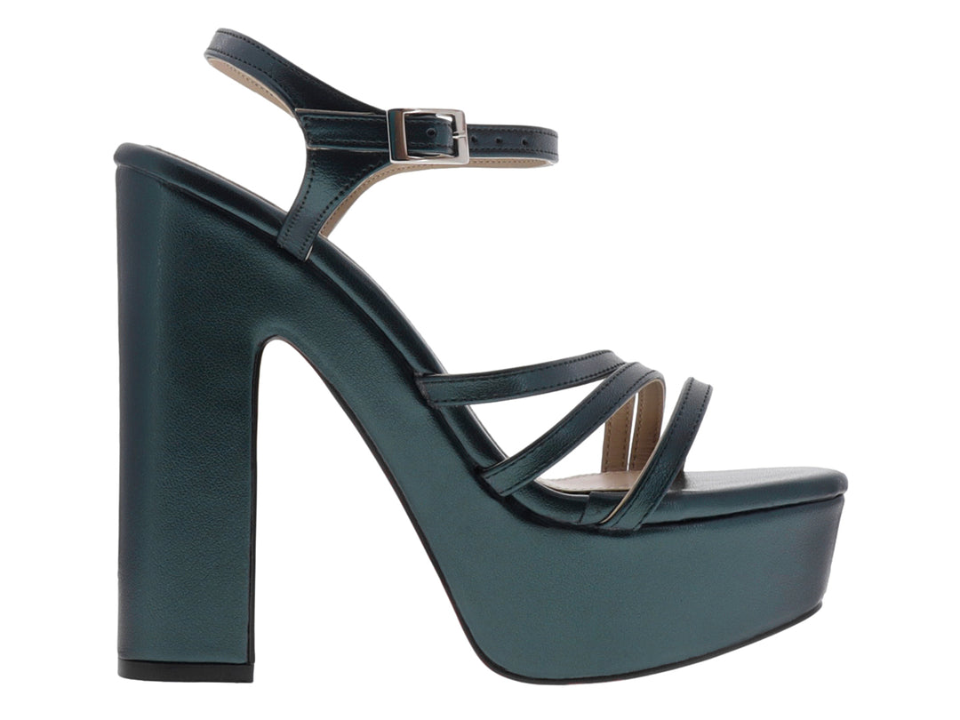 Sandalia de plataforma color verde oscuro con tacón grueso y correas cruzadas para mujer.