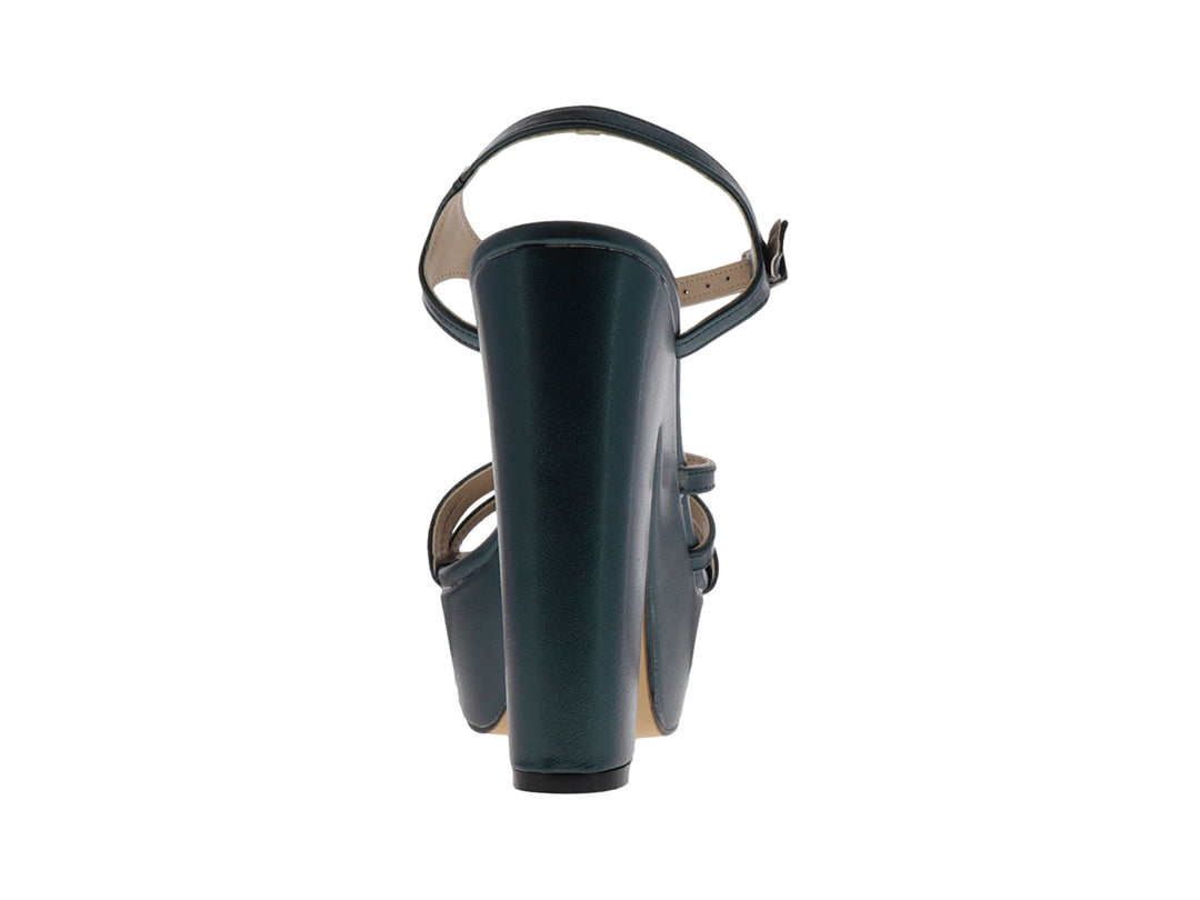 Sandalia de plataforma color verde oscuro con tacón grueso y correas cruzadas para mujer.