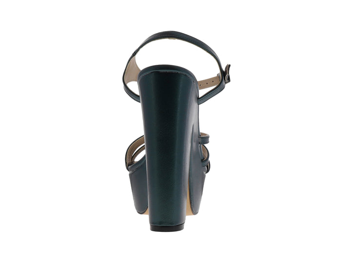Sandalia de plataforma color verde oscuro con tacón grueso y correas cruzadas para mujer.